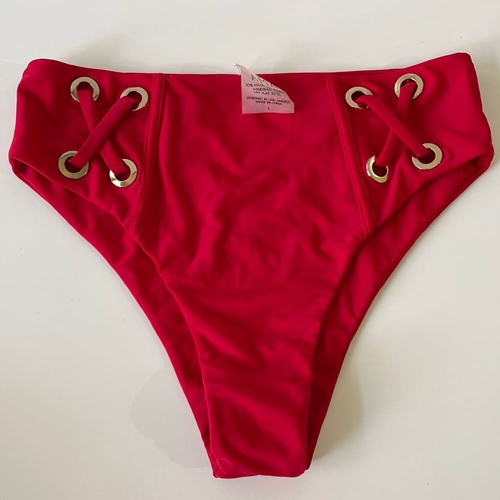 NWT Red gold grommet ring high leg high rise leggy sailor swim shorts bottoms L